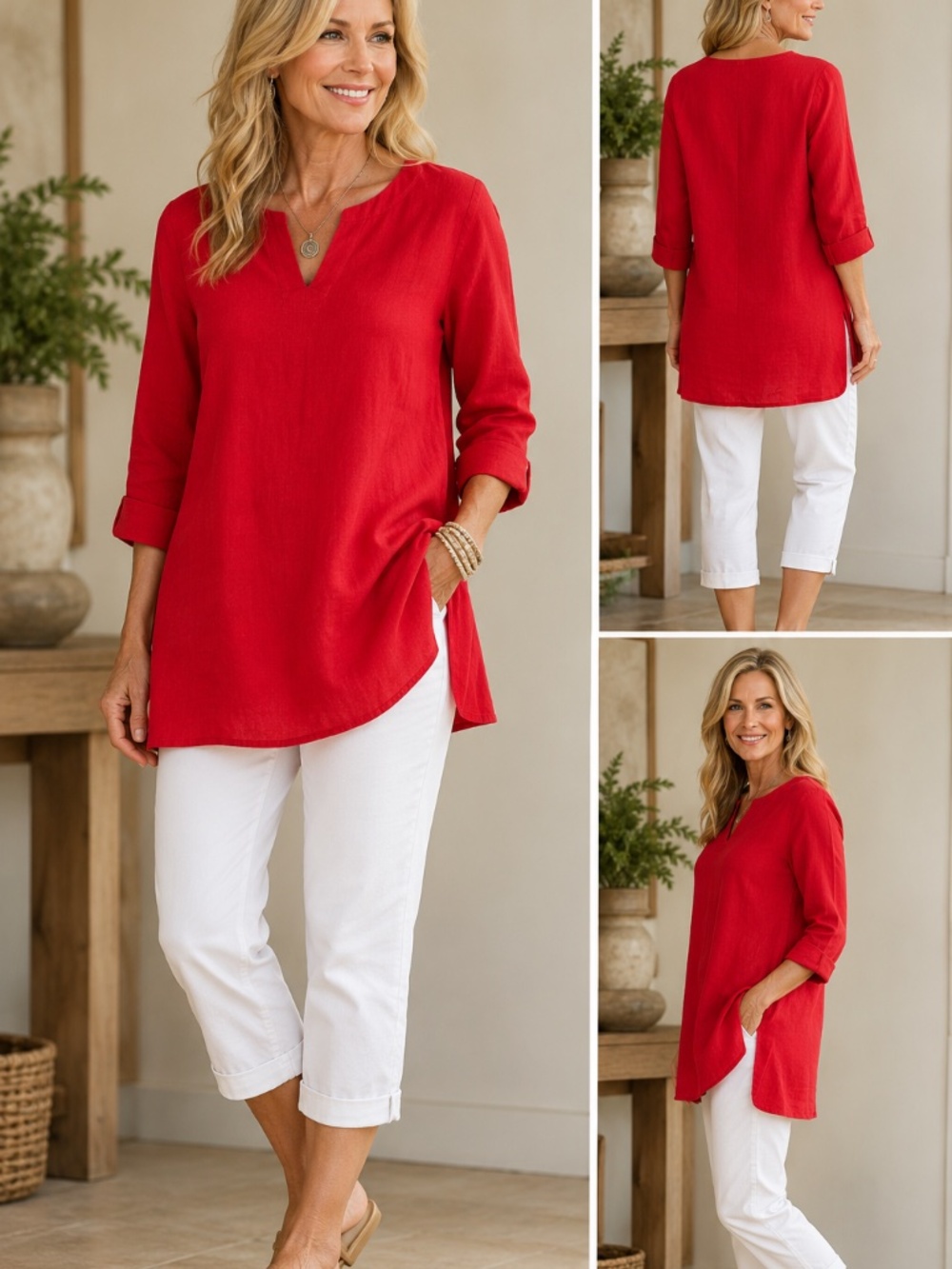 Hot Cotton Red Linen Cotton Tunic Top Small Made in USA 3/4 Sleeve
